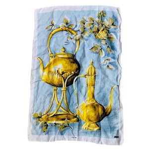 Vintage mid century pure linen tea towel golden tea kettles & vines on blue